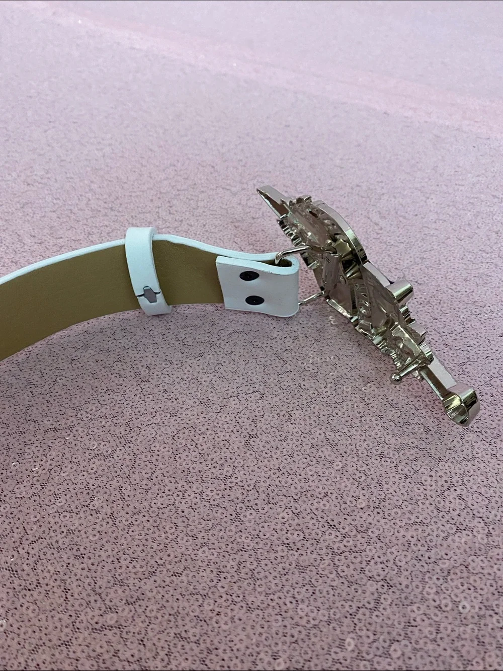 White studded belt with red and silver heart buckle #475